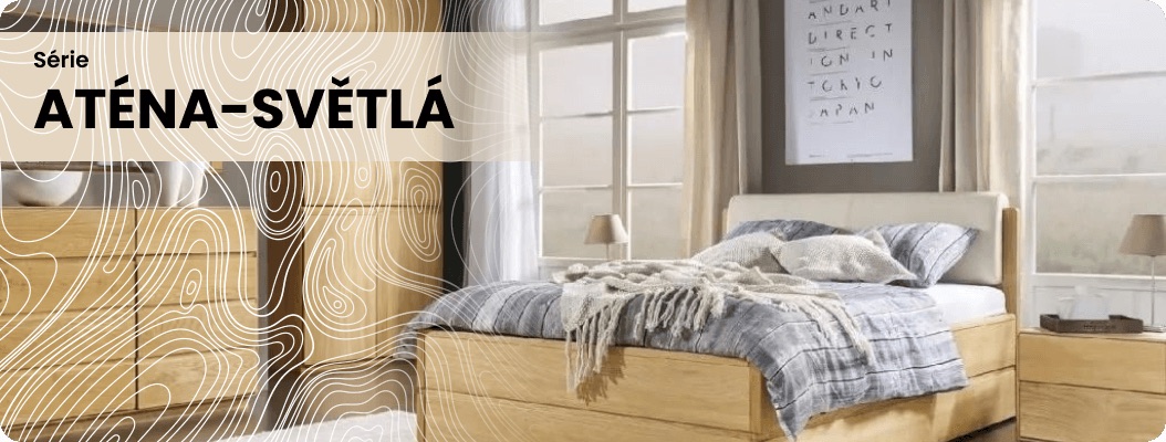 Nábytek série Atena-světlá — postele a šatní skříně z dubového dřeva ve světlém odstínu